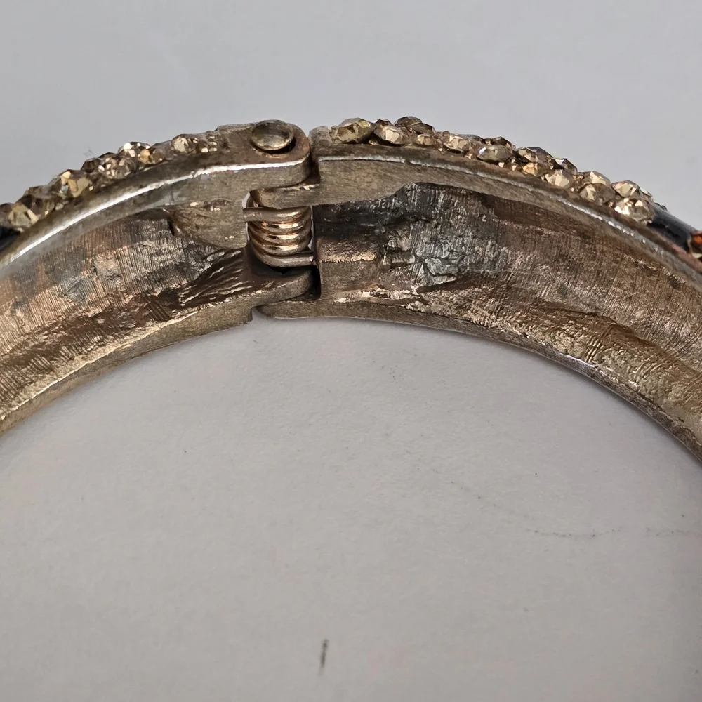 Vintage Rhinestone & Enamel Hinged Bangle Bracelet Gold Tone